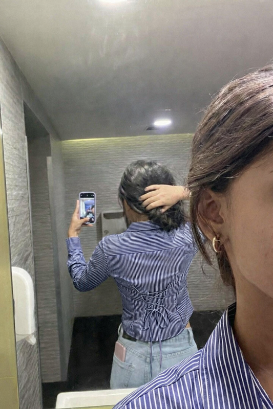 Dark Blue Pinstripe Fitted Corset Shirt