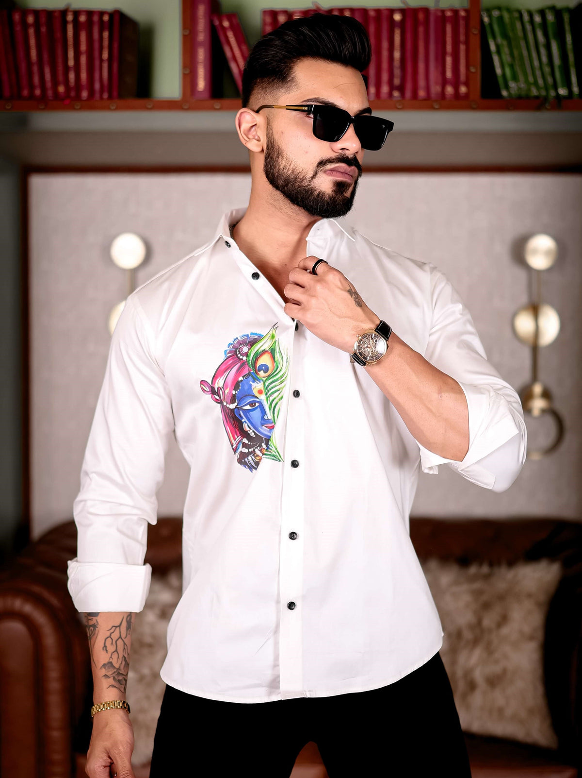 Lord Krishna White Club Wear Printed Satin Cotton Shirt