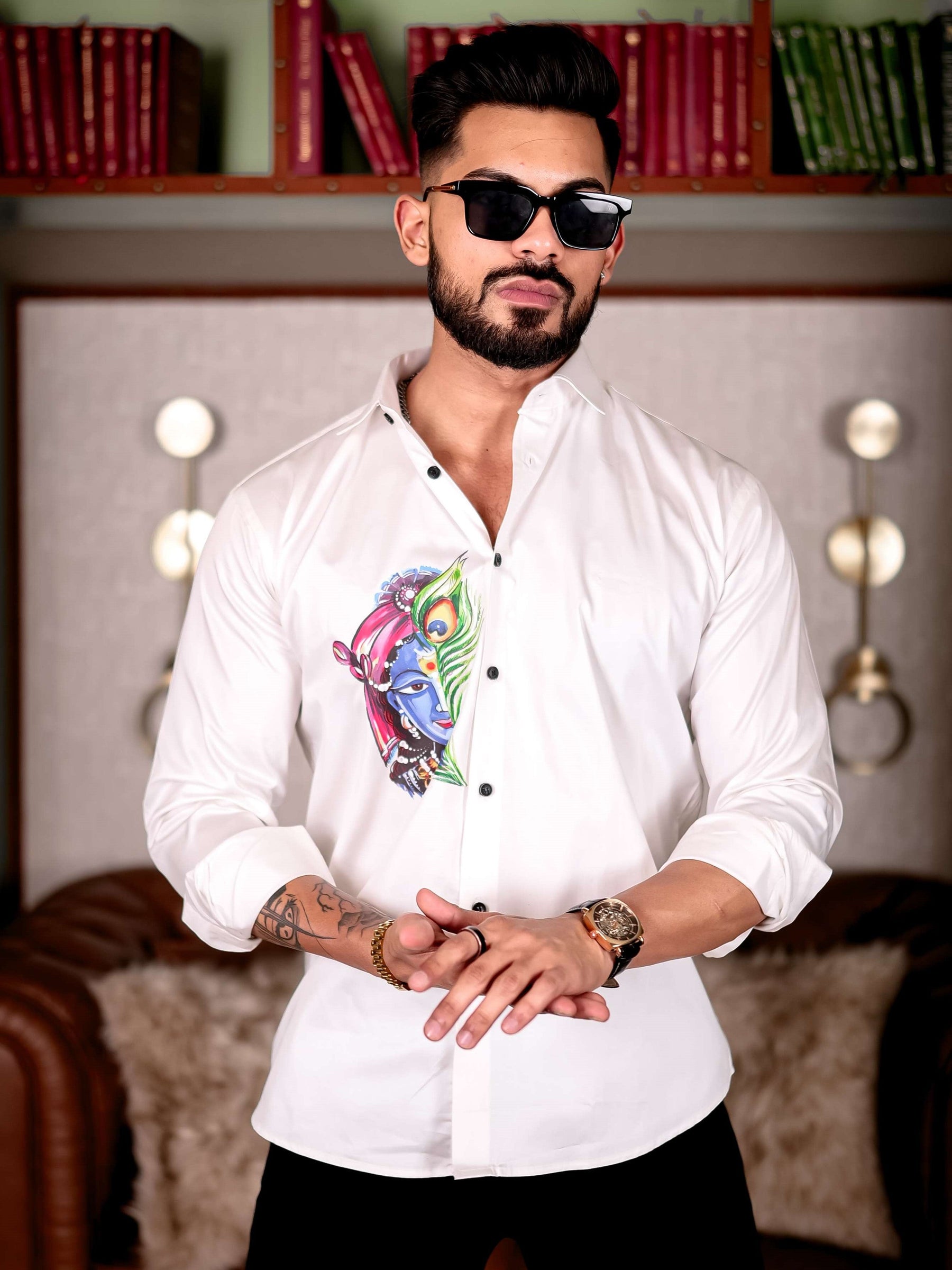 Lord Krishna White Club Wear Printed Satin Cotton Shirt