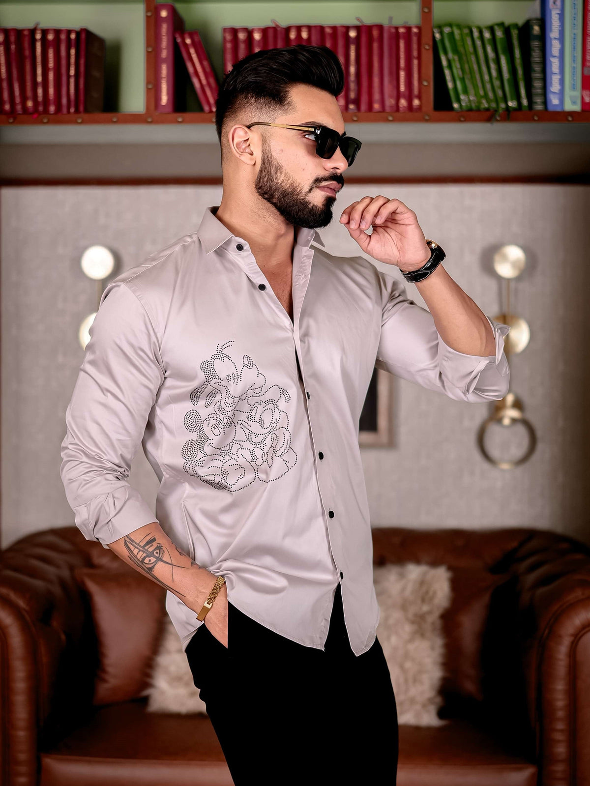 GREY STARRY BEADED SATIN COTTON PREMIUM PARTY SHIRT