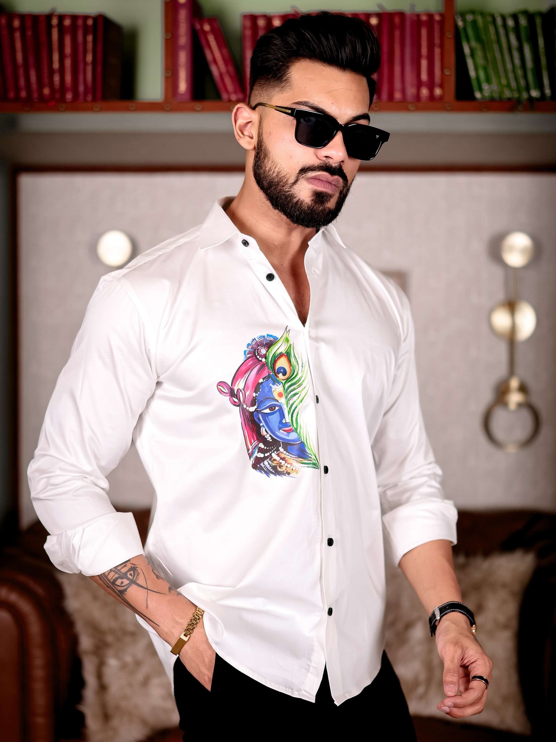 Lord Krishna White Club Wear Printed Satin Cotton Shirt