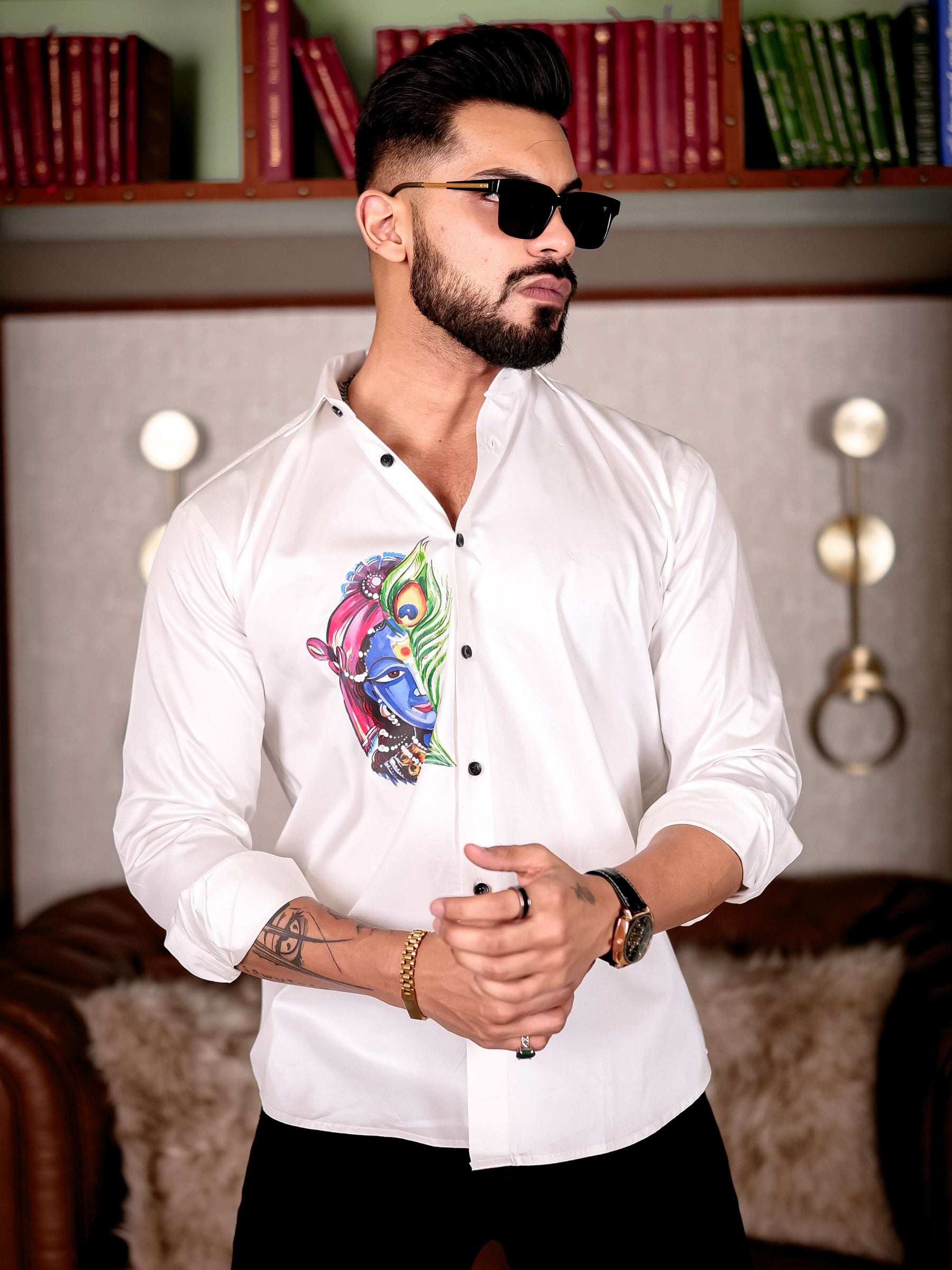 Lord Krishna White Club Wear Printed Satin Cotton Shirt