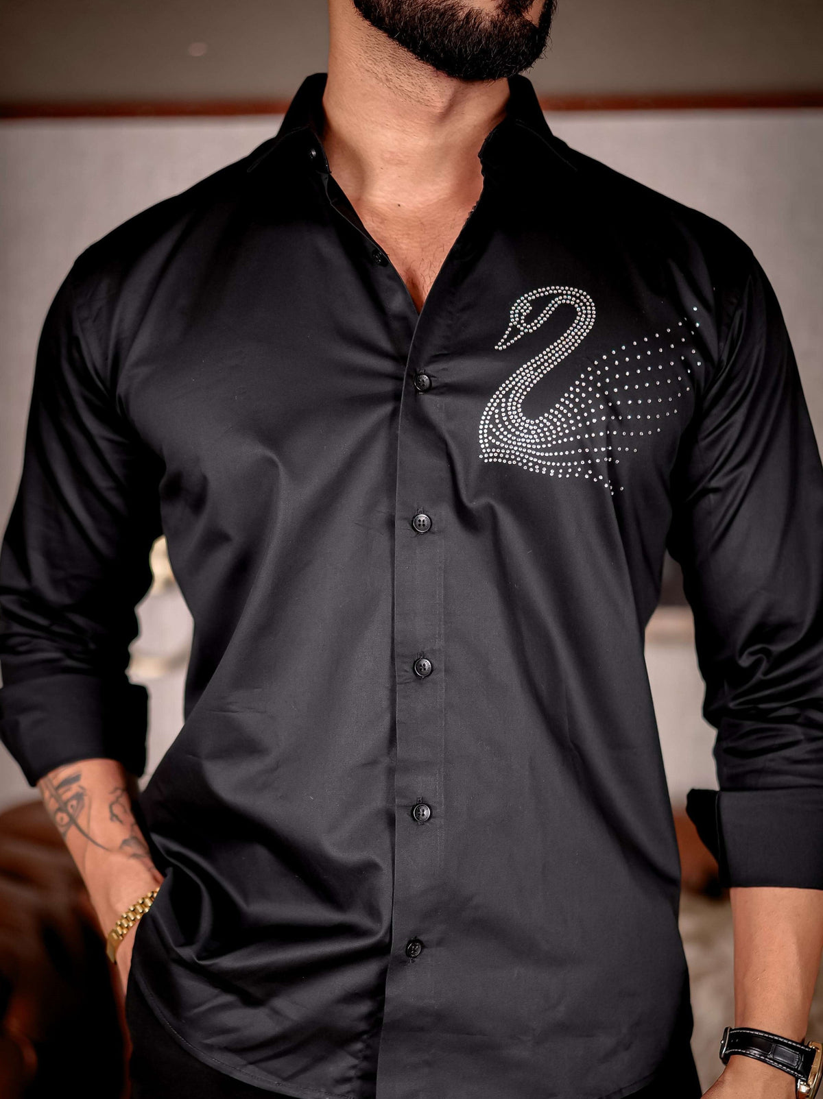 Starry Beaded Swan Black Club Wear Printed Satin Cotton Shirt