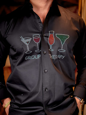 Black Club Wear Starry Beaded Satin Cotton Premium Party Shirt