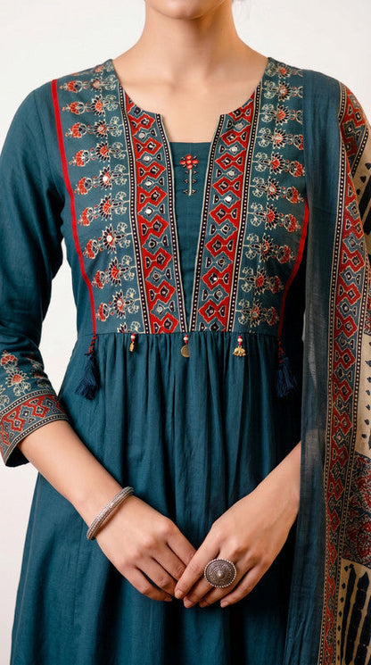 Teal Ethnic Fusion Printed Festive Wear Cotton Kurta Set with Printed Dupatta