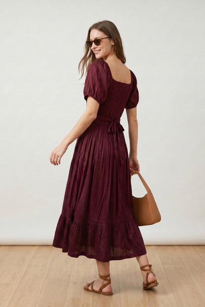Wine Smocked Bodice Puff Sleeve Square Neck Flowy Solid Russian Silk Dress