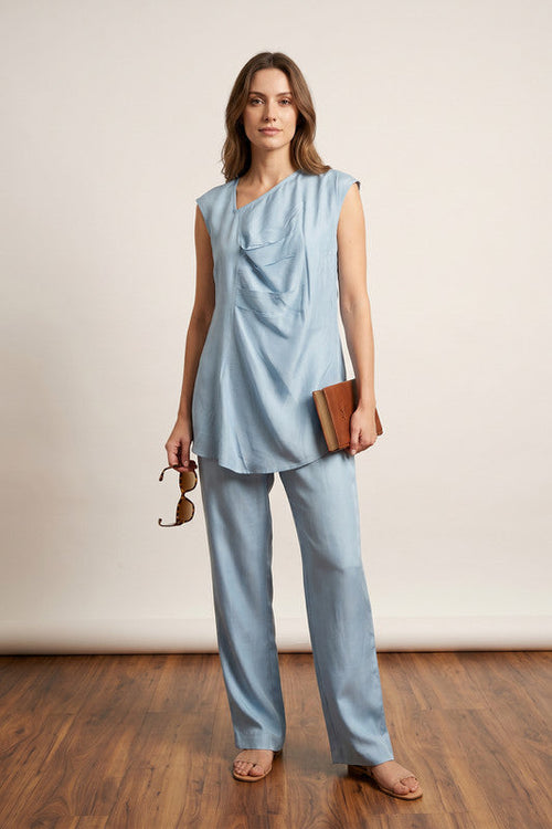 Sky Blue Chic Monochrome Sleeveless Tunic with Straight Pants Solid Russian Co-ord Set
