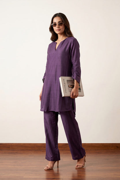 Solid Purple Tunic with Straight-Fit Pants Russian Silk Co-ord Set
