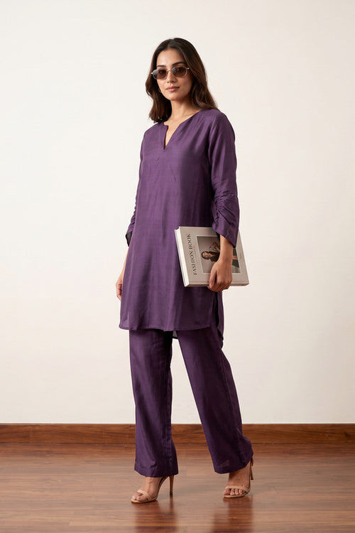 Solid Purple Tunic with Straight-Fit Pants Russian Silk Co-ord Set