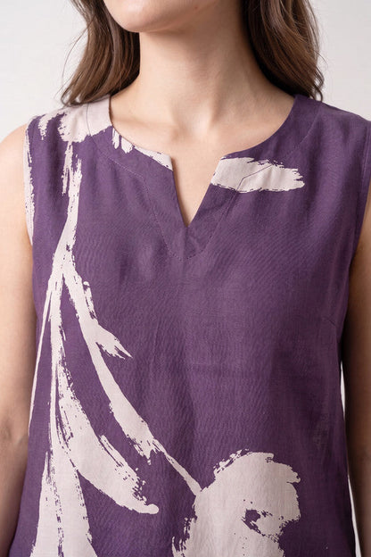 Purple Floral Printed Brushstroke Sleeveless Resort Wear Russian Silk Co-Ord Set