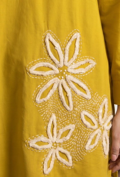 Mustard Floral Embroidery V-Neck Cotton Flex Co-ord Set