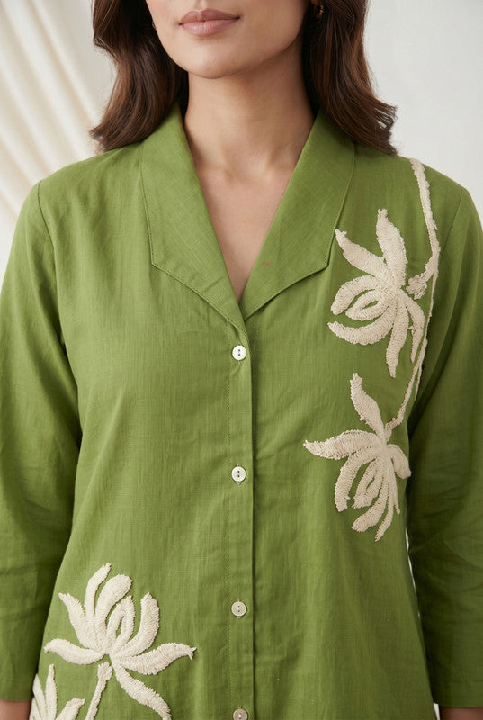 Green Cotton Flex Co-ord Set with Floral Embroidered & Straight Pants