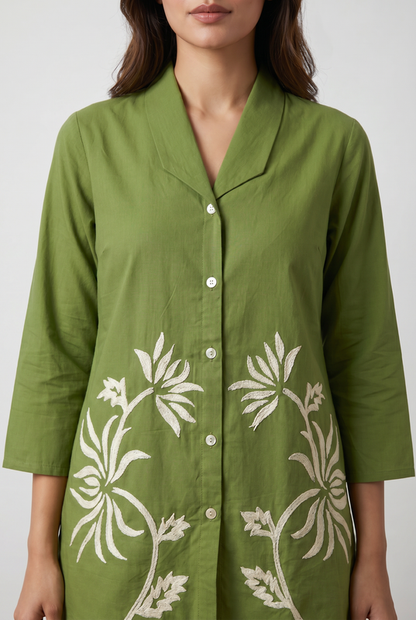 Olive Green Floral Embroidery Cotton Flex Co-ord Set