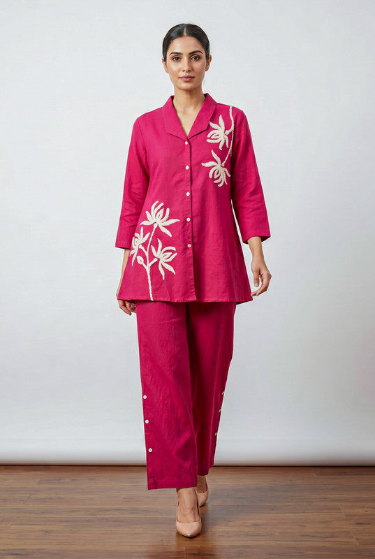 Pink Floral Embroidered Shirt Cotton Co-ord Set