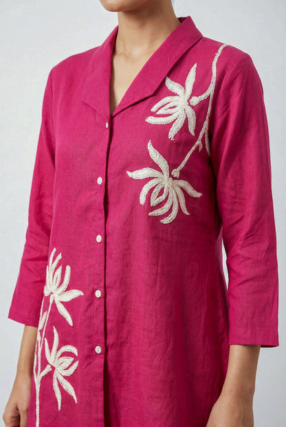 Pink Floral Embroidered Shirt Cotton Co-ord Set