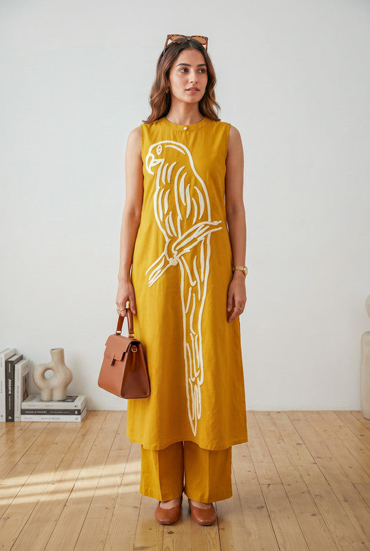 Mustard Bird Embroidered Sleeveless Cotton Co-ord Set