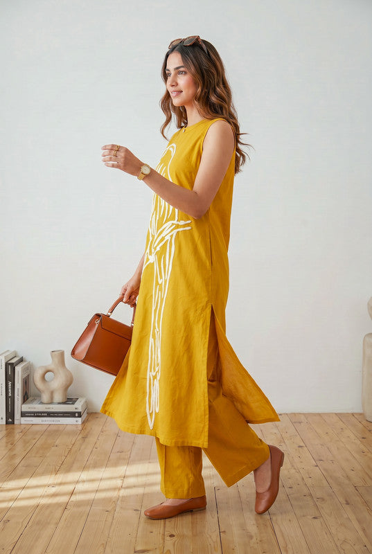 Mustard Bird Embroidered Sleeveless Cotton Co-ord Set