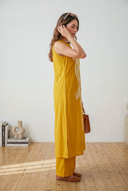 Mustard Bird Embroidered Sleeveless Cotton Co-ord Set