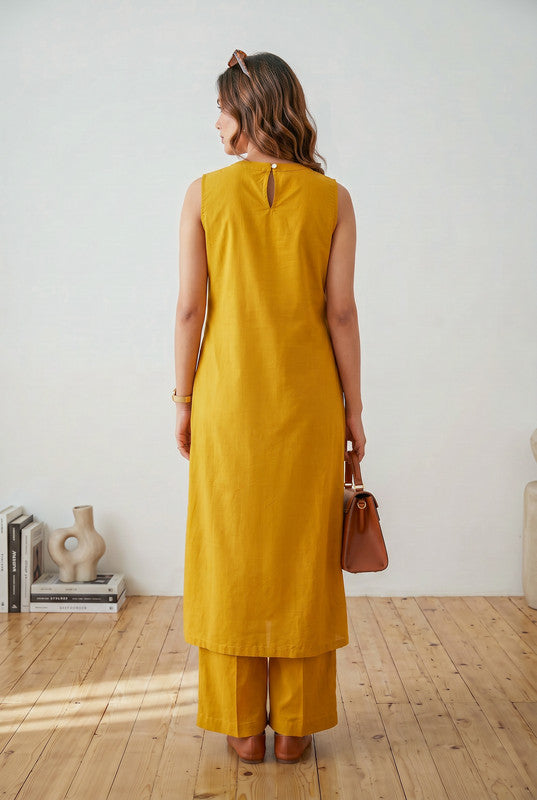 Mustard Bird Embroidered Sleeveless Cotton Co-ord Set