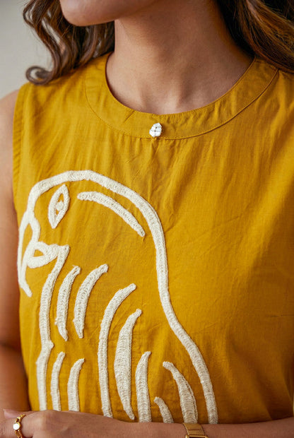 Mustard Bird Embroidered Sleeveless Cotton Co-ord Set