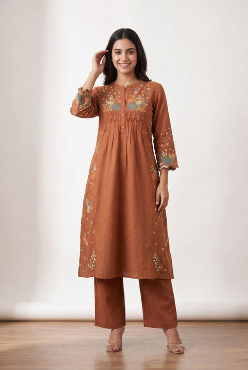 Peach Ethnic Floral Designer Embroidered Cotton Flex Kurta with Relaxed Pants