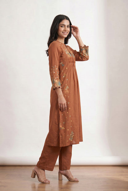 Peach Ethnic Floral Designer Embroidered Cotton Flex Kurta with Relaxed Pants