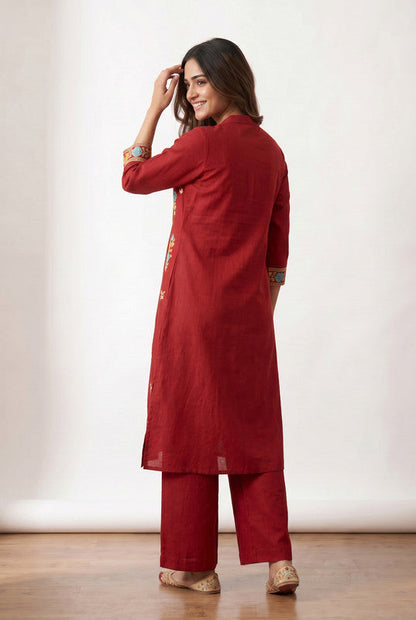 Maroon Floral Premium Embroidered A-Line Cotton Flex Kurta with Wide-Leg Pants