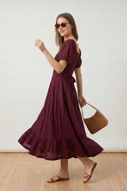 Wine Smocked Bodice Puff Sleeve Square Neck Flowy Solid Russian Silk Dress