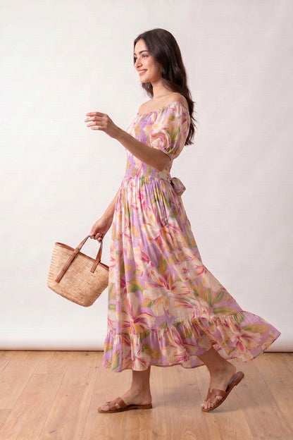Purple Floral Tropical Bloom Smocked Printed Off-Shoulder Summer Russian Silk Dress