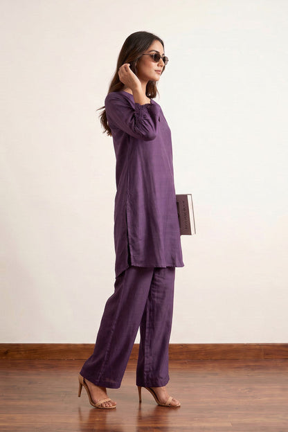 Solid Purple Tunic with Straight-Fit Pants Russian Silk Co-ord Set