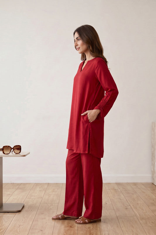 Red Urban Chic Solid Tunic & Pants Russian Silk Co-ord Set
