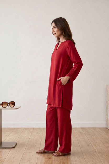 Red Urban Chic Solid Tunic & Pants Russian Silk Co-ord Set