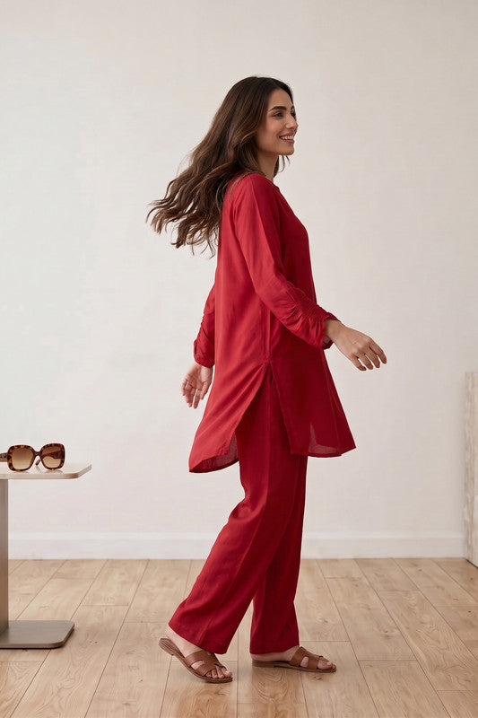 Red Urban Chic Solid Tunic & Pants Russian Silk Co-ord Set