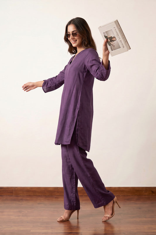 Solid Purple Tunic with Straight-Fit Pants Russian Silk Co-ord Set