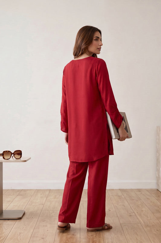 Red Urban Chic Solid Tunic & Pants Russian Silk Co-ord Set