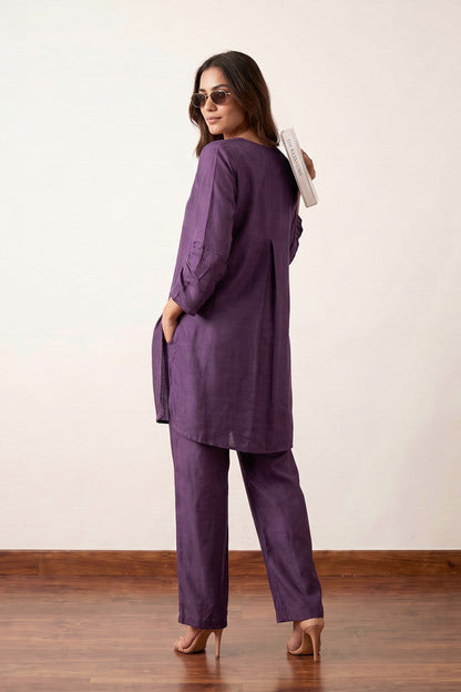 Solid Purple Tunic with Straight-Fit Pants Russian Silk Co-ord Set