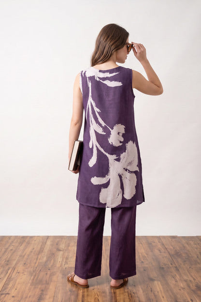 Purple Floral Printed Brushstroke Sleeveless Resort Wear Russian Silk Co-Ord Set