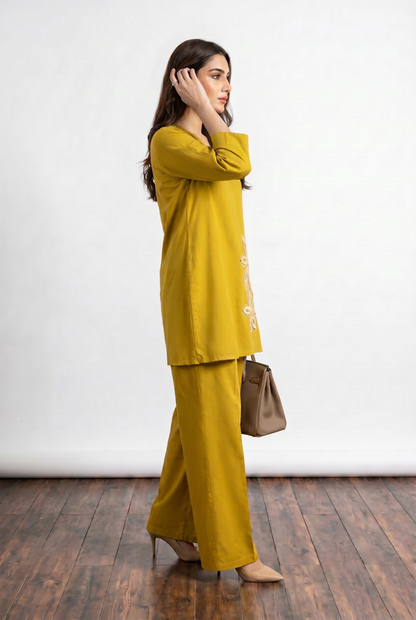 Mustard Floral Embroidery V-Neck Cotton Flex Co-ord Set
