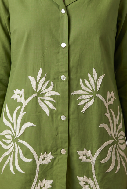 Olive Green Floral Embroidery Cotton Flex Co-ord Set