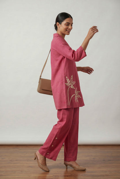Rose Pink Leaf Embroidery Cotton Co-ord Set with Straight Fit Pants