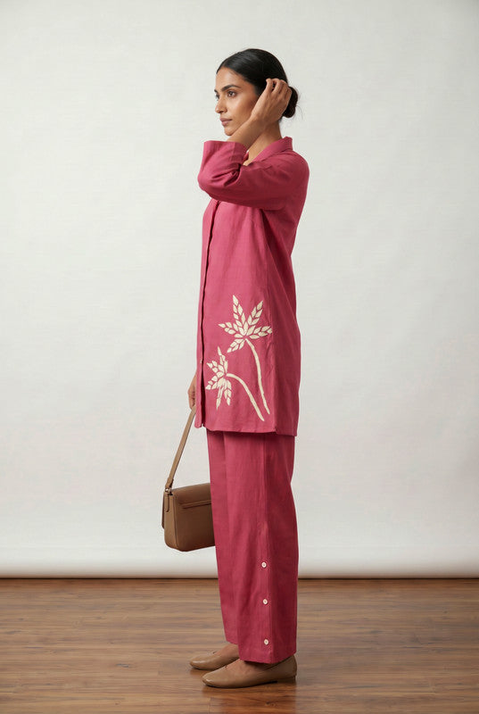 Rose Pink Leaf Embroidery Cotton Co-ord Set with Straight Fit Pants