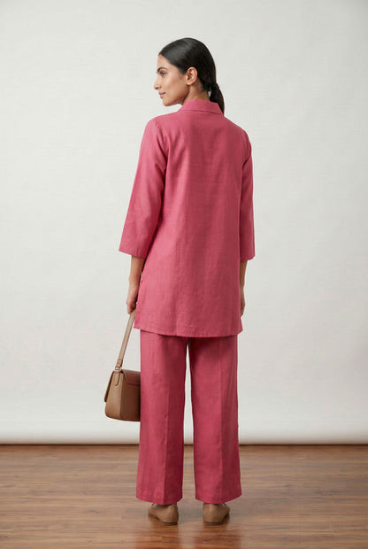 Rose Pink Leaf Embroidery Cotton Co-ord Set with Straight Fit Pants