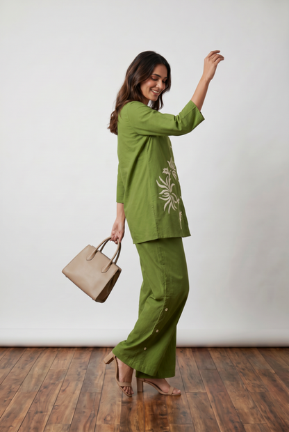 Olive Green Floral Embroidery Cotton Flex Co-ord Set