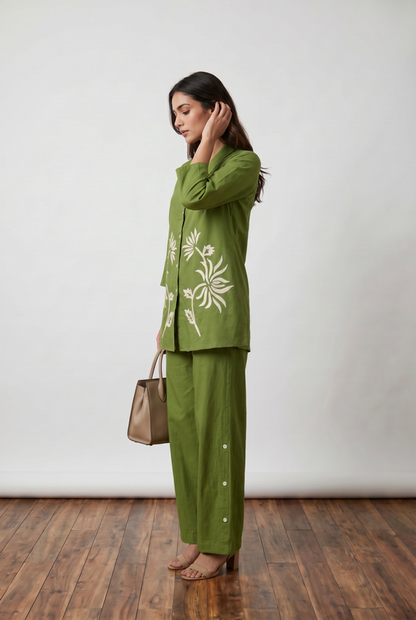Olive Green Floral Embroidery Cotton Flex Co-ord Set