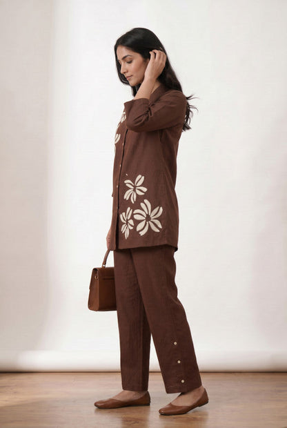 Brown Embroidered Shirt & Straight Pant Cotton Flex Co-ord Set