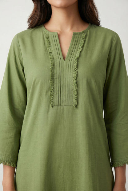 Green Lace Detail Solid V-Notch Neck Straight Cotton Co-ord Set
