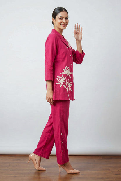 Pink Floral Embroidered Shirt Cotton Co-ord Set