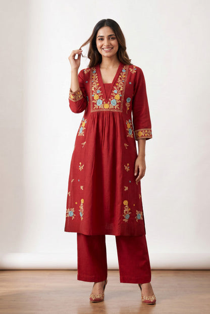 Maroon Floral Premium Embroidered A-Line Cotton Flex Kurta with Wide-Leg Pants