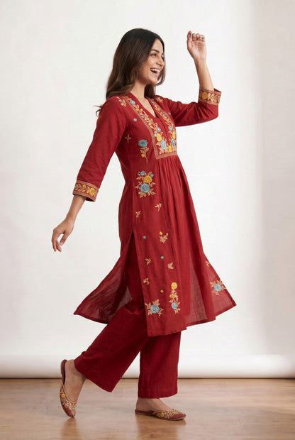 Maroon Floral Premium Embroidered A-Line Cotton Flex Kurta with Wide-Leg Pants