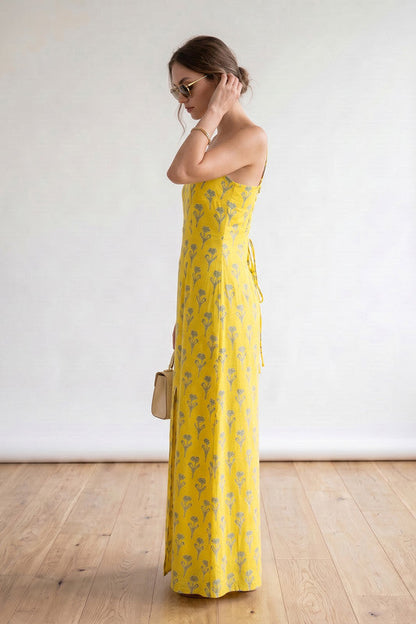 Yellow Printed Spaghetti Strap Sleeveless Straight Fit Beachwear Russian Silk Dress
